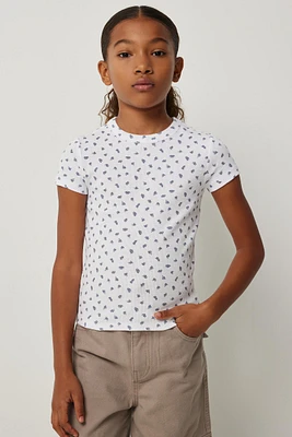 Ardene Kids Floral Fitted Crew Neck T-Shirt in Dark Blue | Size | Spandex/Cotton