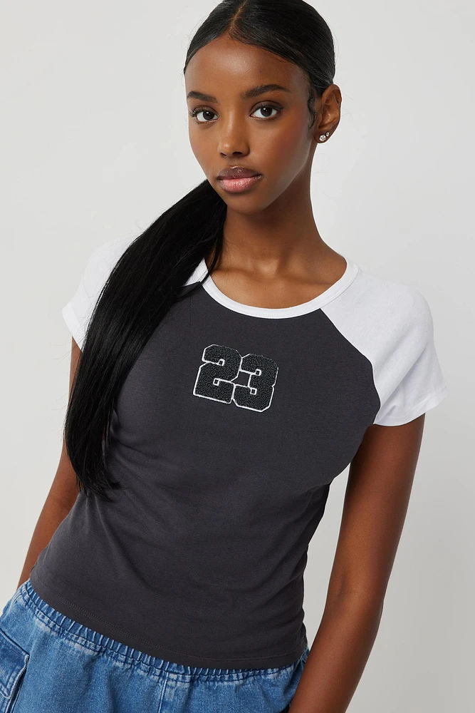 Ardene Raglan T-Shirt with Chenille Patch in Grey | Size | Spandex/Cotton