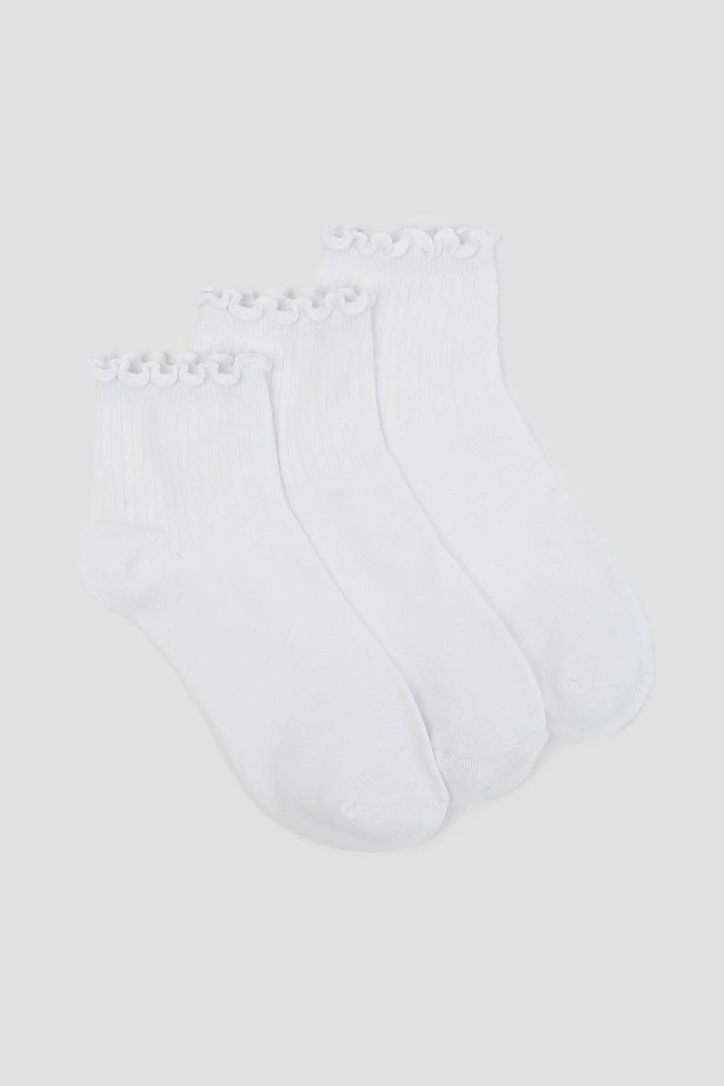 Ardene 3-Pack Lettuce Edge Demi Crew Socks in White | Polyester/Spandex