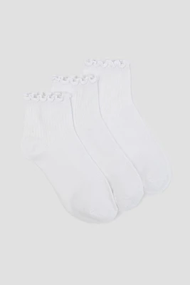 Ardene 3-Pack Lettuce Edge Demi Crew Socks in White | Polyester/Spandex