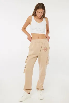 Ardene Cargo Sweatpants with Embroidery in Beige | Size | Polyester