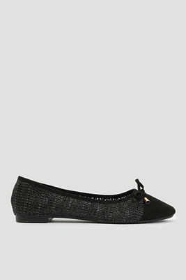 Ardene Raffia Ballet Flats with Bow in Black | Size 10 | Faux Suede