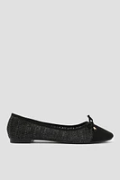 Ardene Raffia Ballet Flats with Bow in Black | Size | Faux Suede