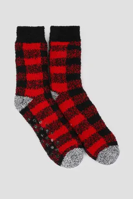 Ardene Buffalo Plaid Slipper Socks in Red | Polyester/Spandex