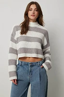 Ardene Striped Chenille Mock Neck Sweater in Grey | Size | Polyester/Nylon