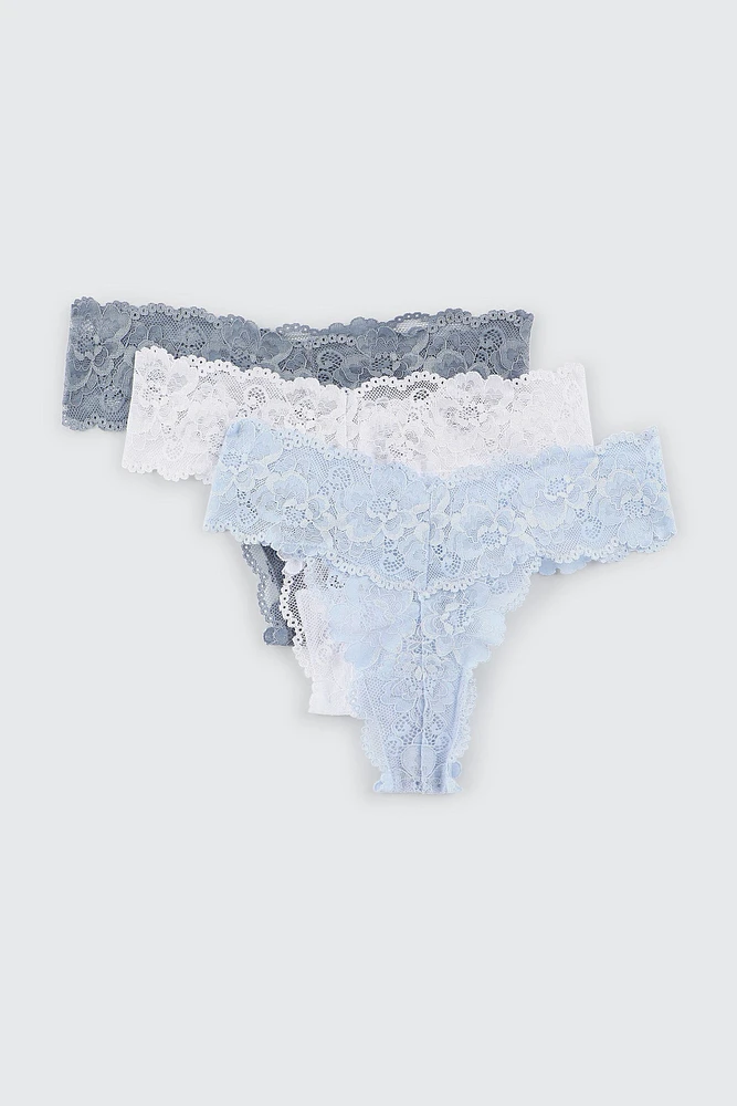 Ardene 3-Pack Lace Thong Panties in Light | Size | Nylon/Elastane