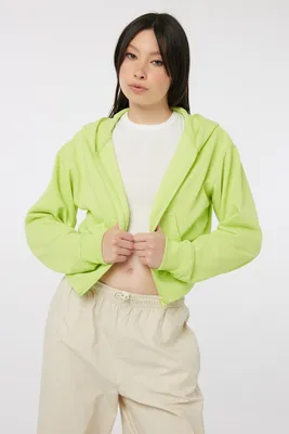 Ardene French terry Crop Zip-Up Hoodie in Light Green | Size | Polyester/Cotton | Fleece-Lined