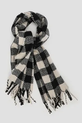 Ardene Fringed Checkered Scarf in Black | Polyester
