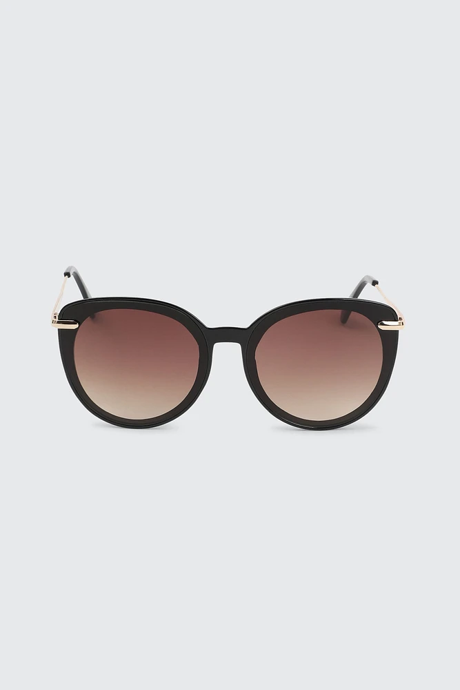 Ardene Round Sunglasses with Metal Temples in Black