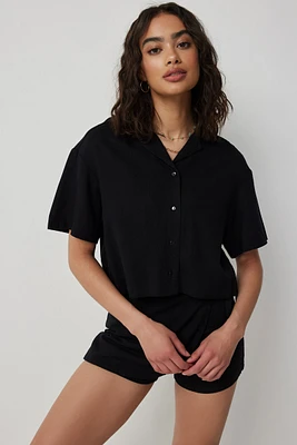 Ardene Linen Blend Boxy Shirt in Black | Size | Rayon