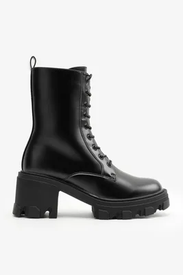 Ardene Lug Sole Combat Boots in Black | Size | Faux Leather/Rubber
