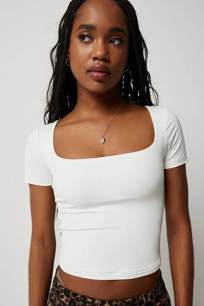 Ardene Contour Square Neck T-Shirt in White | Size | Elastane/Polyamide