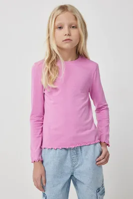 Ardene Kids Lettuce Edge Long Sleeve T-Shirt in | Size | Cotton/Elastane