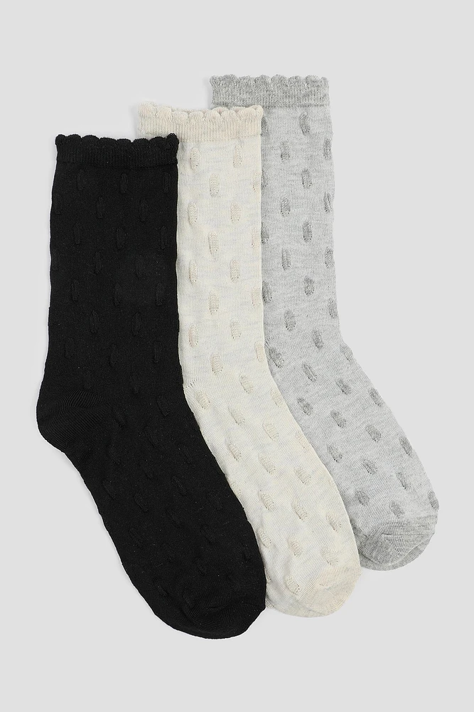 Ardene 3-Pack Scalloped Edge Crew Socks in Black | Polyester/Spandex