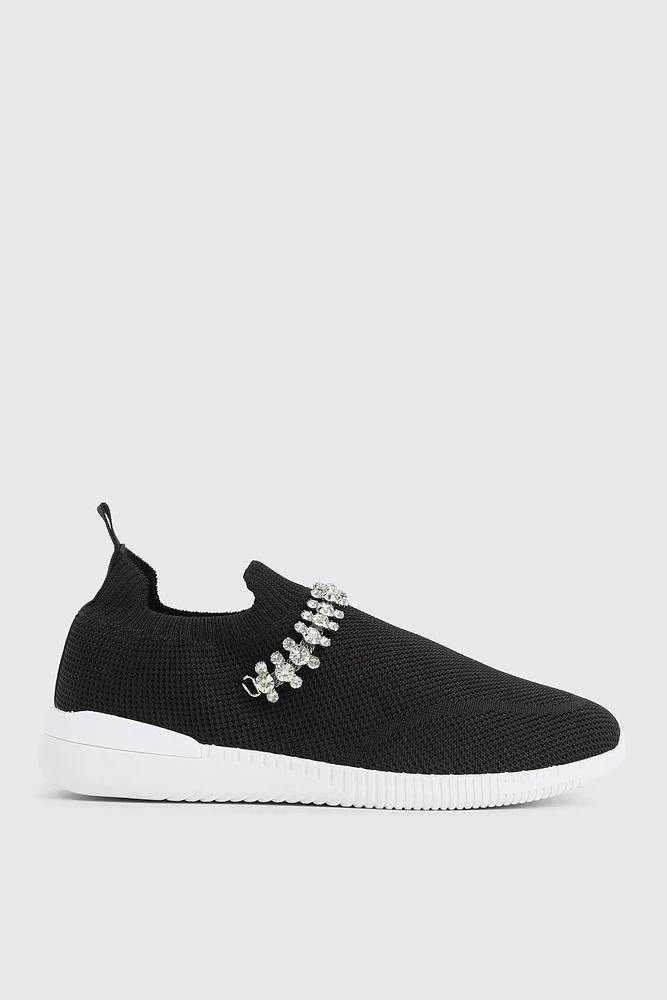 Ardene Slip On Sneakers with Rhinestone Embellishment in Black | Size | Eco-Conscious