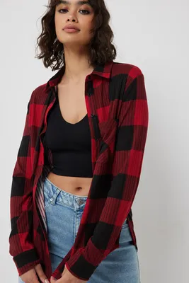 Ardene Super Soft Plaid Ribbed Shirt in Red | Size | Polyester/Spandex