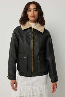 Ardene Aviator Jacket with Detachable Sherpa Collar in Black | Size | Faux Leather/Polyester