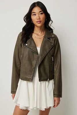 Ardene Distressed Faux Leather Biker Jacket in Brown | Size | Faux Leather/Polyester