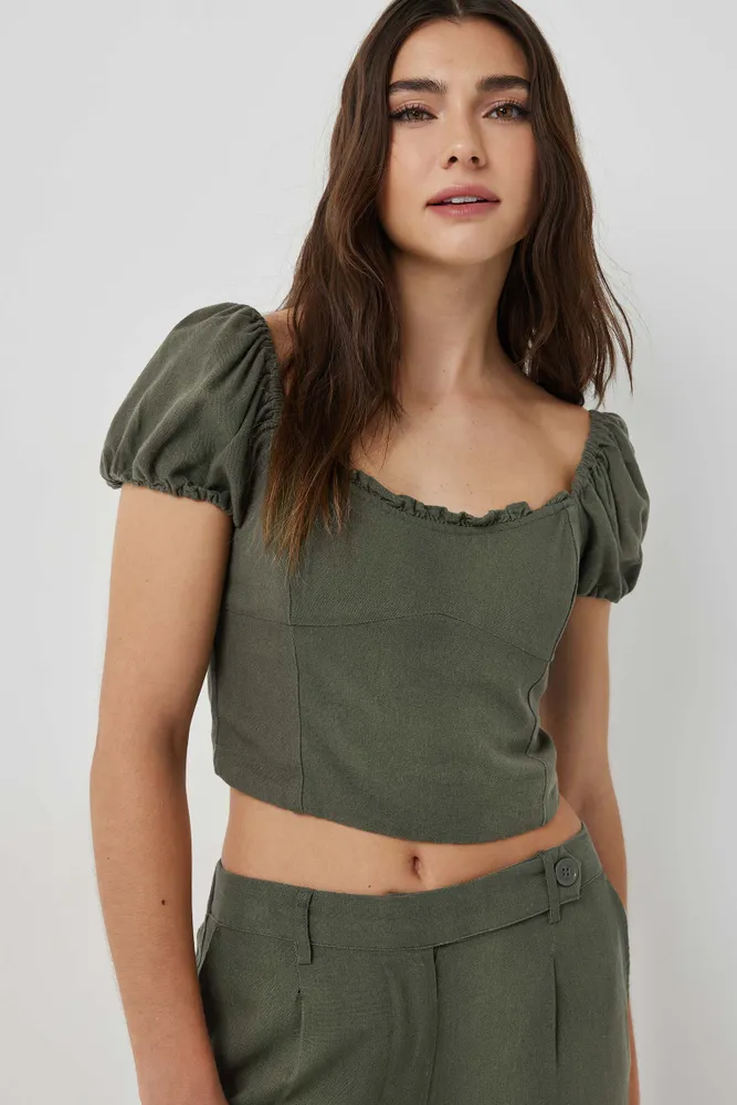 Ardene Linen Blend Puff Sleeve Crop Top in Khaki | Size | Viscose