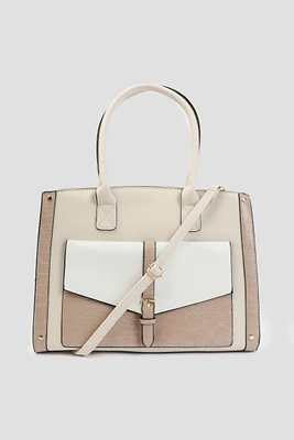 Ardene Large Colorblock Tote Bag in Beige | Faux Leather/Polyester