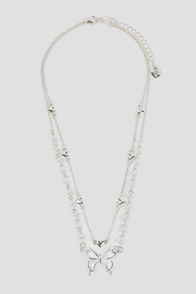Ardene Two-Row Heart & Butterfly Necklace in Silver