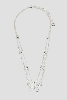 Ardene Two-Row Heart & Butterfly Necklace in Silver