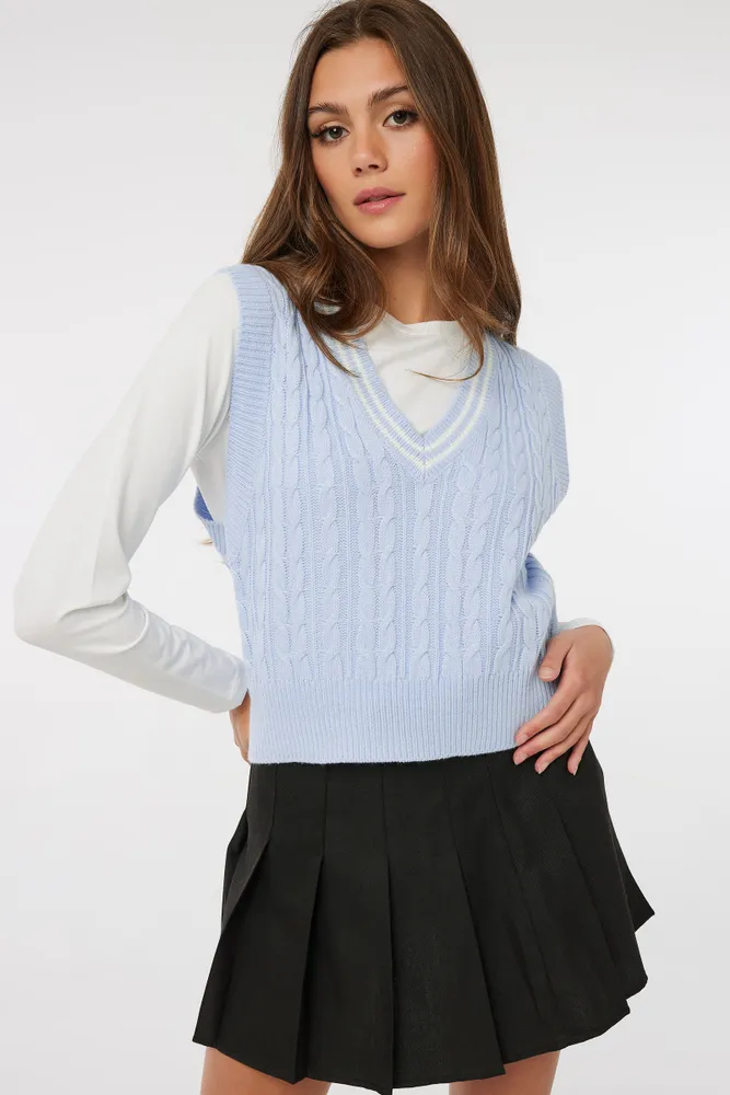 Ardene V-Neck Cable Sweater Vest in Light Blue, Size, 100% Acrylic