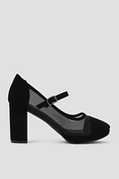 Ardene Mesh Block Heel Pumps in Black | Size | Faux Suede