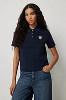 Ardene Short Boxy Polo Shirt with Embroideries in Dark Blue | Size | 100% Cotton