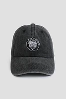 Ardene Denim Cap with Rose Embroidery in Black