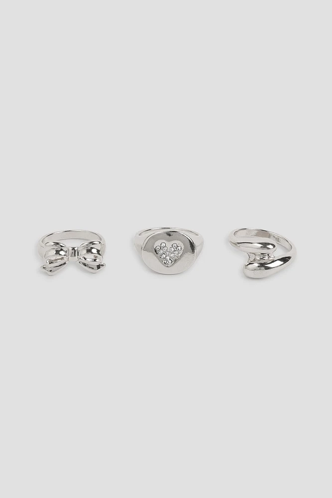 Ardene 3-Pack Bow & Heart Rings in Silver | Size