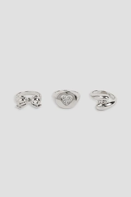 Ardene 3-Pack Bow & Heart Rings in Silver | Size