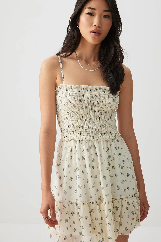 Ardene Smocked Bodice Tiered Mini Dress in Beige | Size | Polyester