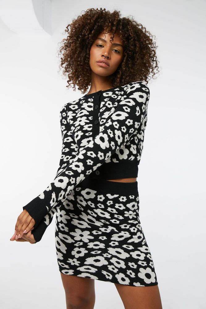 Ardene Retro Flower Cropped Jacquard Cardigan | Size |  Polyester/Rayon/Nylon | Shop Midtown