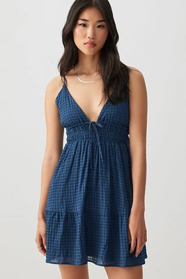 Ardene Seersucker Babydoll Mini Dress in Dark Blue | Size | Polyester