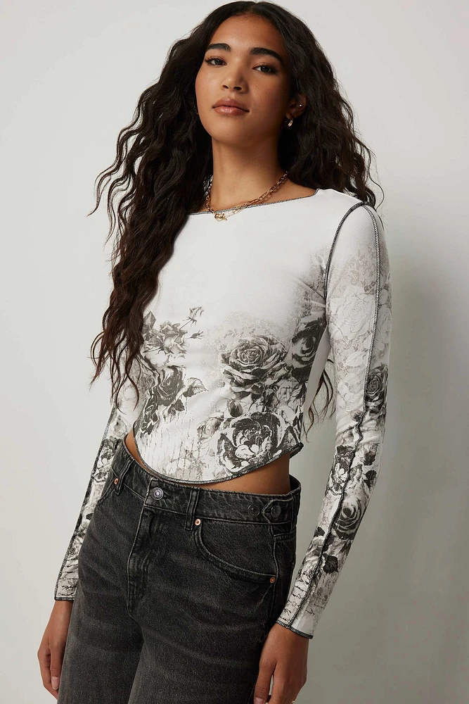 Ardene Floral Long Sleeve Top in White | Size | Elastane/Viscose