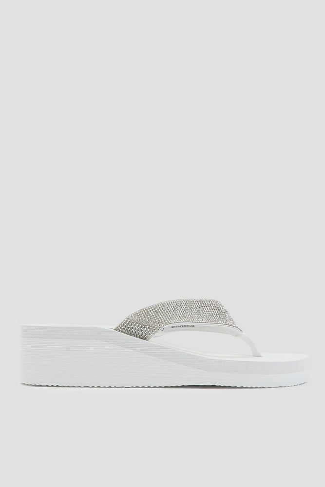 Ardene Crystal Wedge Flip-Flops Sandals in White | Size