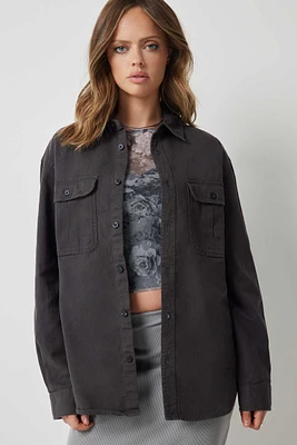 Ardene Oversized Light Twill Shirt with Cargo Pockets in Dark Grey | Size | 100% Cotton