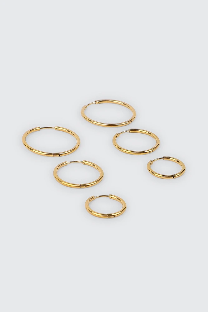 Ardene 3-Pack Stainless Steel Hoop Earrings in Gold