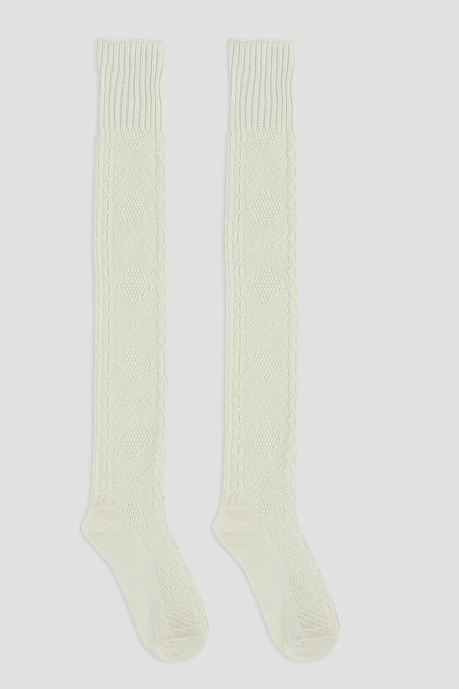 Ardene Over-the-Knee Cable Socks in White | Polyester/Spandex