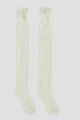 Ardene Over-the-Knee Cable Socks in White | Polyester/Spandex