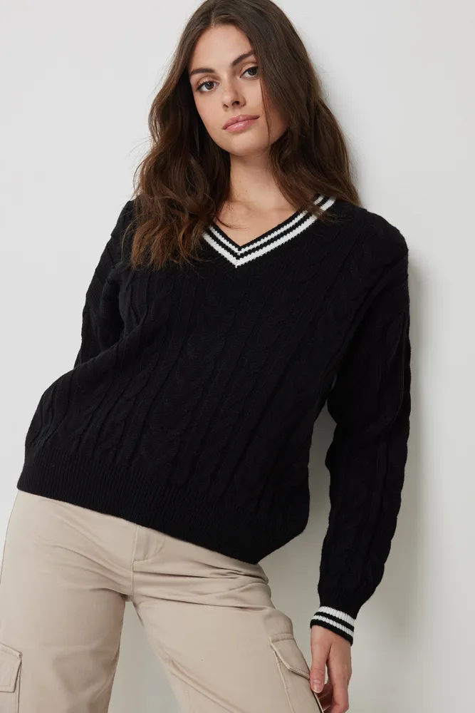 Ardene Contrast Stripe V-Neck Sweater in Black | Size Small | 100% Acrylic