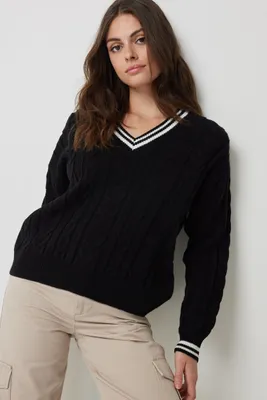 Ardene Contrast Stripe V-Neck Sweater in | Size | 100% Acrylic