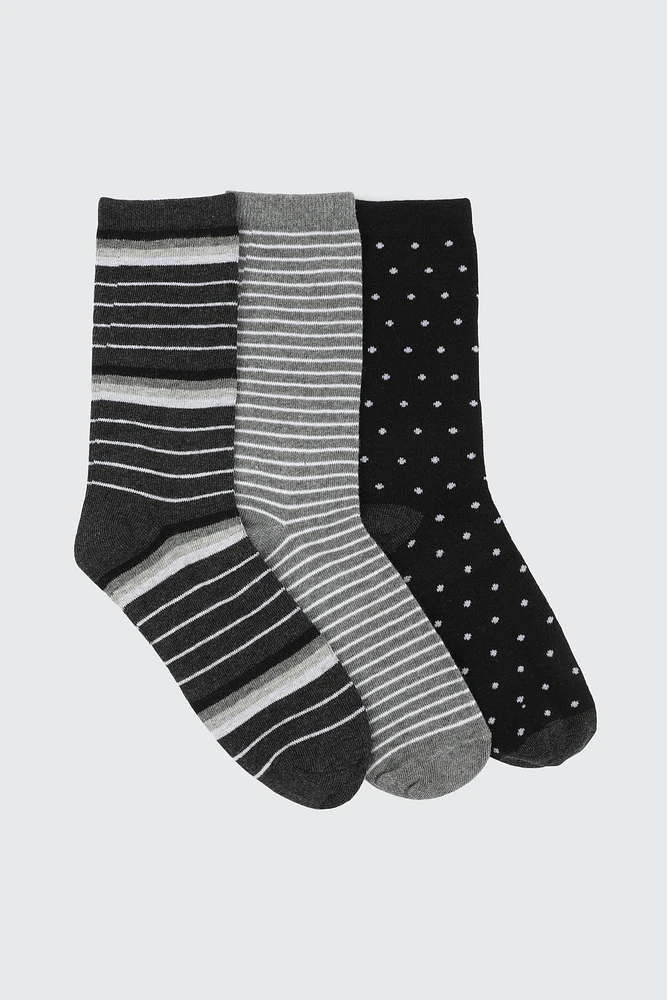 Ardene 3-Pack Polka Dot & Stripe Crew Socks in Black | Polyester/Spandex