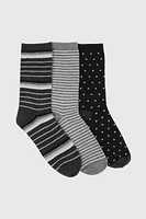 Ardene 3-Pack Polka Dot & Stripe Crew Socks in Black | Polyester/Spandex