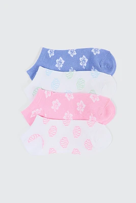 Ardene 4-Pack Hibiscus & Seashell Ankle Socks in Light Pink | Polyester/Spandex