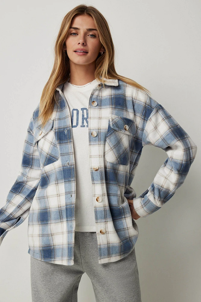 Ardene Plaid Polar Fleece Shirt in Medium Blue | Size Large | 100% Recycled Polyester | Eco-Conscious