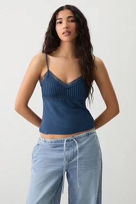 Ardene Lace Trim Jacquard Tank Top in Dark Blue | Size | 100% Viscose