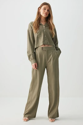 Ardene High Rise Linen Blend Trousers in Khaki | Size | Viscose