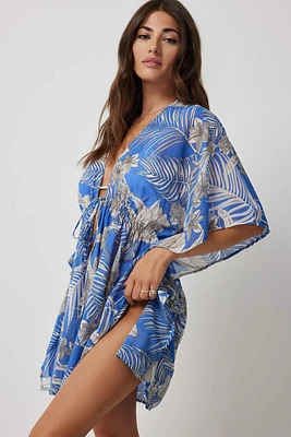 Ardene Tropical Tie Front Swim Cover Up in Blue | Polyester